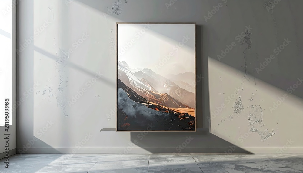 Fototapeta premium Modern room with mountain art and sunlight shadows