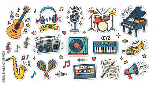 Hand-drawn musical instruments and audio equipment sticker set