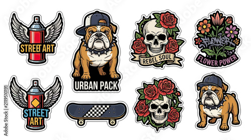 Fotografie Urban Graffiti Stickers with Bulldog and Skull Motifs