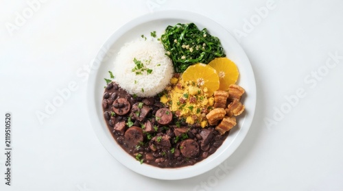 Top Down Brazilian Feijoada Meal Round White Plate Rice Collard Greens Orange Farofa

