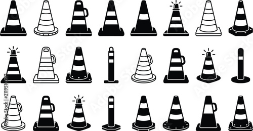 Quadro su tela Traffic Safety Cone Icon Set with Road Construction Pylons Warning Beacons Bound