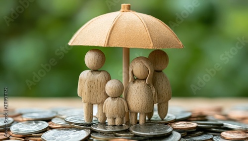 Wooden family figurines under umbrella standing on coins symbolizing financial protection
