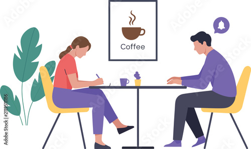 Young professionals working on laptops at a coffee shop table, featuring remote work, freelance collaboration, digital nomad lifestyle, modern workspace, teamwork, and clean vector illustration for bu