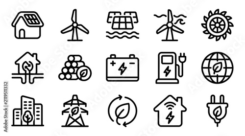 фотографія Renewable Energy Icons Collection Line Art Style On White Background