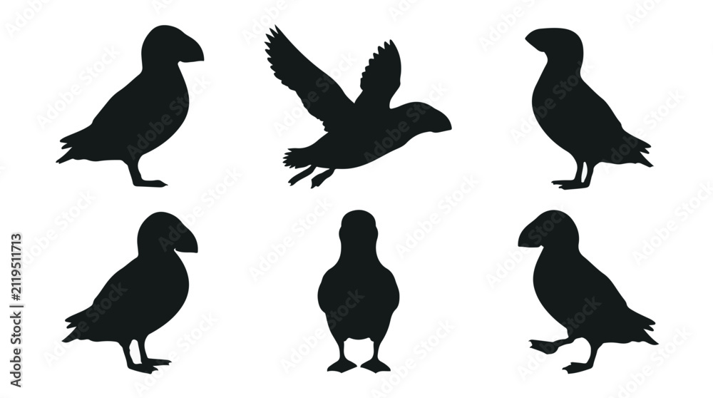 Fototapeta premium A set of six puffin bird in various poses silhouette vector icon illustrations on a white background 