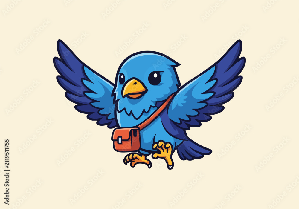 Fototapeta premium Cute blue cartoon bird with messenger bag flying