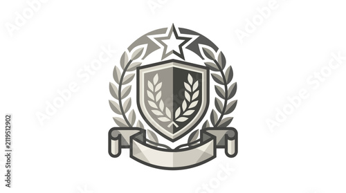 Heraldic silver shield emblem with star and laurel wreath.