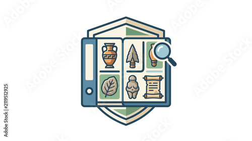 Heritage shield badge featuring various archaeological finds and tools.