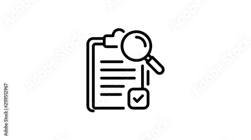 Clipboard with magnifying glass and checkmark icon - Research, analysis, audit, document review