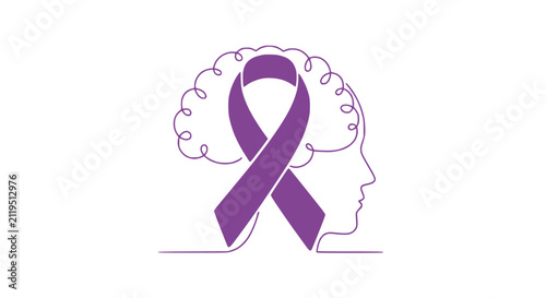 Purple Awareness Ribbon Forming Abstract Brain Silhouette on White Background