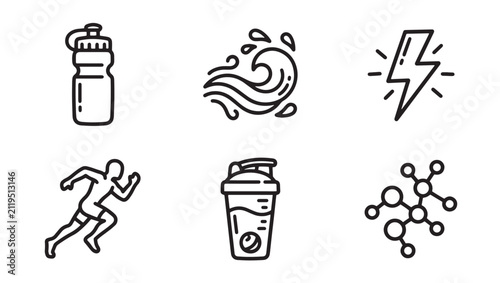 Set of six fitness and healthy living line art icons including water bottle runner energy lightning molecule symbol and shaker cup with lifestyle training exercise lightning molecule wellness