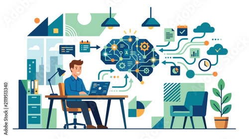 This flat vector illustration depicts a man using his laptop to interact with an artificial intelligence brain in a modern workspace.