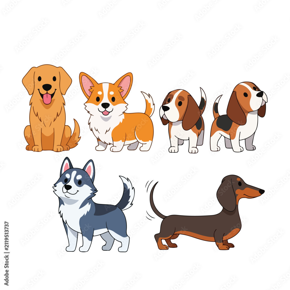 Obraz premium Cute Dog Breed Character Collection Golden Retriever Corgi Beagle Husky and Dachshund Flat Vector Set