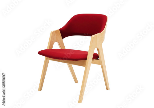 Red upholstered modern chair with wooden frame, side view, transparent grid background.