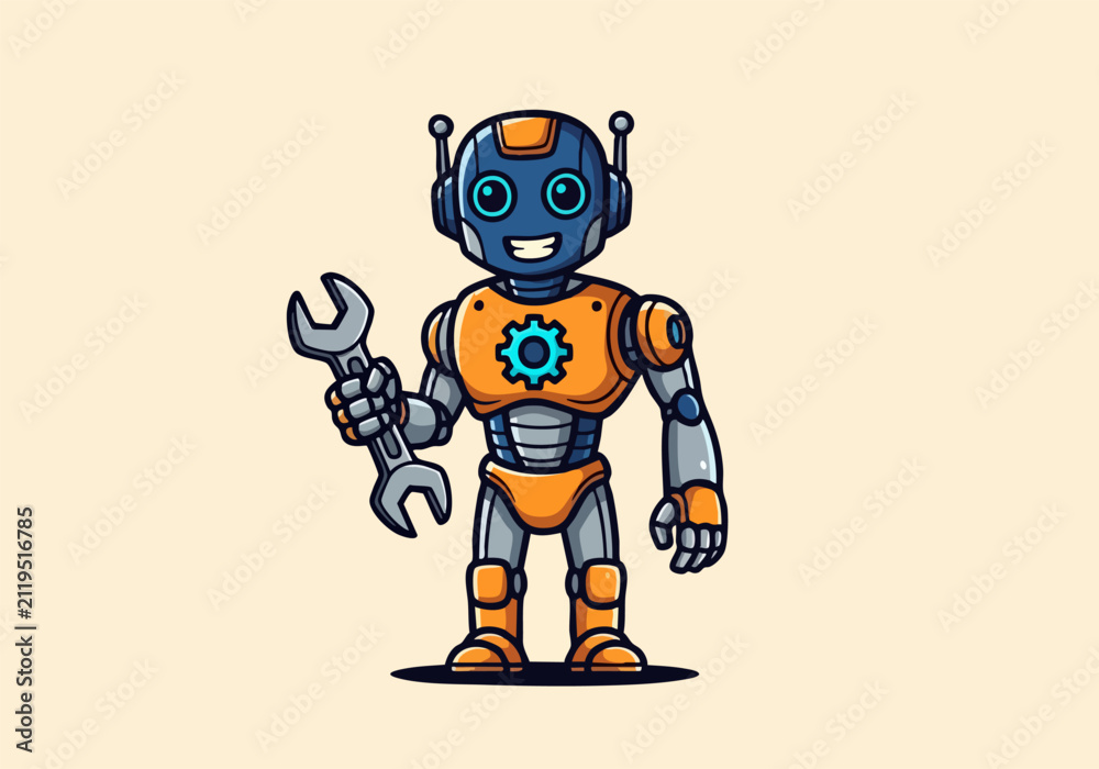 Obraz premium Friendly cartoon robot holding a wrench tool