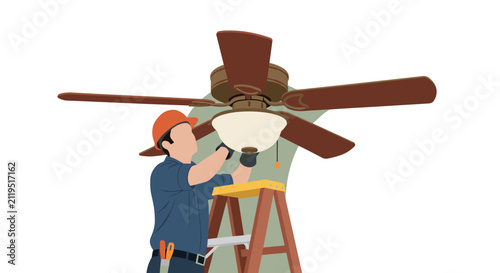 ceiling fan vector installation repair illustration of professional handyman electrician worker on ladder fixing electric home appliance domestic maintenance service graphic design