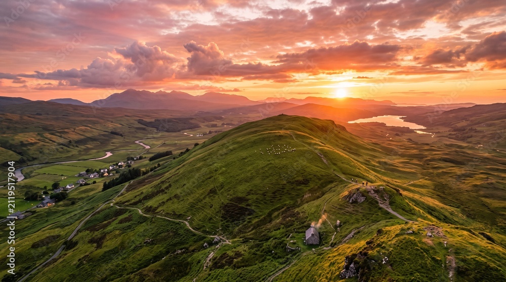 Fototapeta premium Dramatic Sunset over the Rolling Green Hills and Mountains of the Scottish Highlands