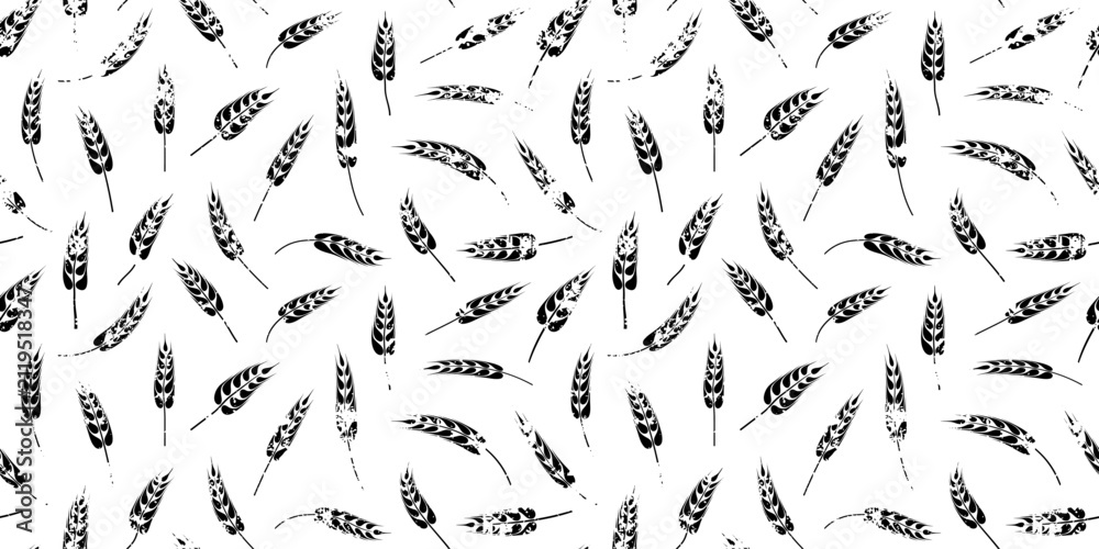 Fototapeta premium Seamless pattern of wheat ears, rye or barley, agriculture and harvest, black isolated silhouette on white background, vector print