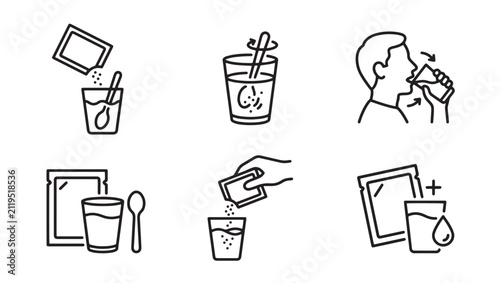 Health supplement preparation and consumption process icons for dietary beverage with supplement preparation consumption drinking hydration nutrition medicine wellness lifestyle illustration