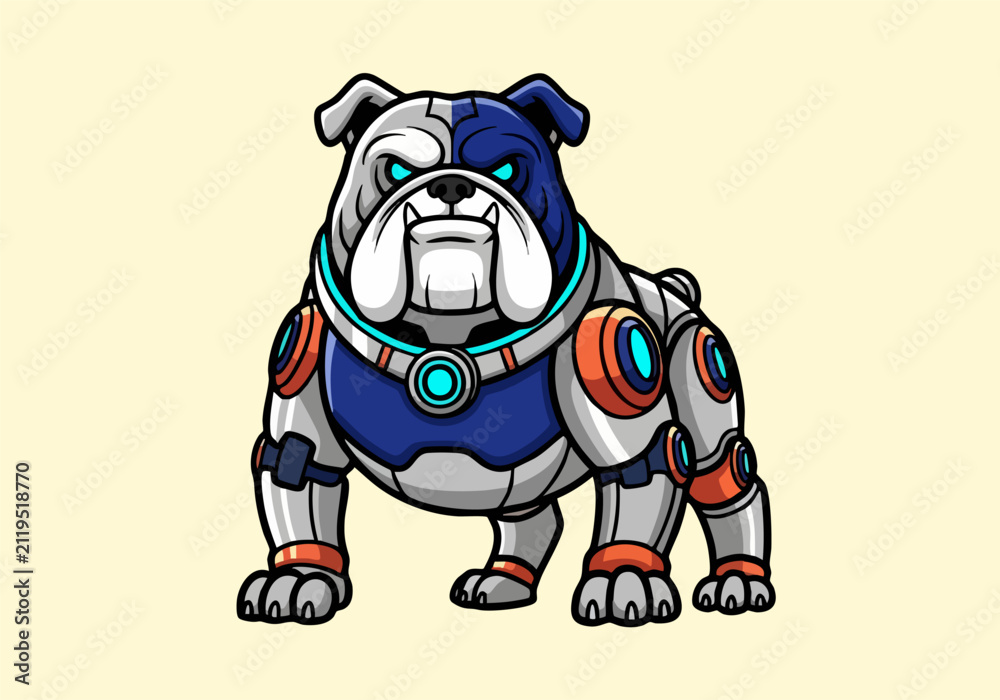 Naklejka premium Futuristic Robotic Bulldog with Glowing Eyes and Armor