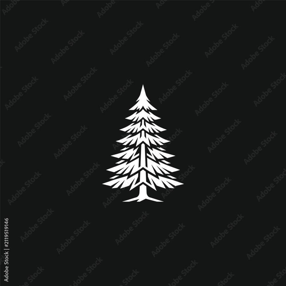 Obraz premium Minimalist White Geometric Pine Tree Icon on Black Background