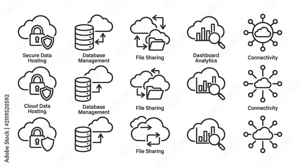 Fototapeta premium Cloud data hosting and secure file sharing database management icons.