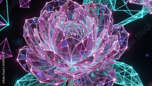 Neon-lit geometric flower with cyberpunk tech elements in vibrant pink and cyan hues.