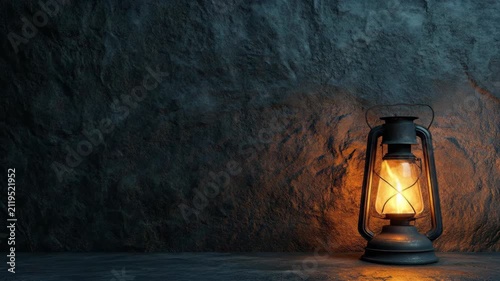 Vintage oil lantern casts a warm, inviting glow on a dark, textured rock wall.