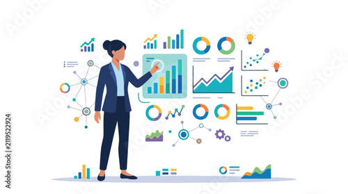 A professional woman in a suit stands before a vibrant digital dashboard, actively analyzing complex data sets through various charts and graphs.