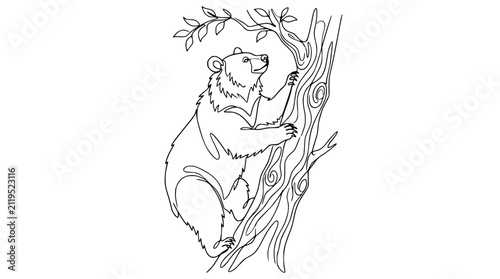 Minimalist bear climbing tree line art drawing, single continuous line art, simple wildlife illustration.