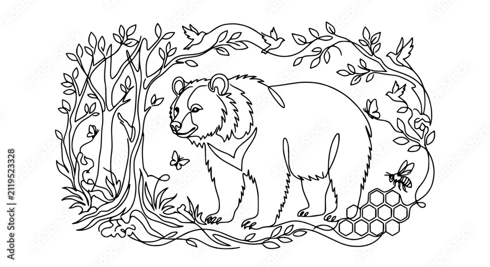 Obraz premium Whimsical Bear in Forest Scene with Bees and Butterflies - Line Art Illustration