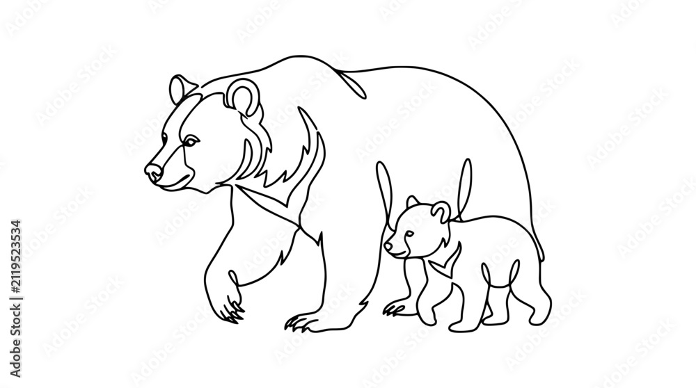 Fototapeta premium Continuous Line Art: Mother Bear and Cub Walking Together