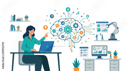 A woman working on her laptop interacts with a complex digital brain representing artificial intelligence, automation, and data analytics.