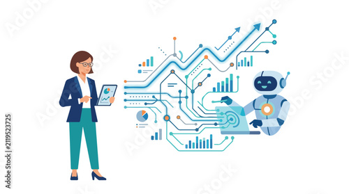 An illustration of a businesswoman collaborating with an AI robot to analyze complex data and financial growth using digital tools.