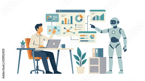 A professional man and a sleek humanoid robot work together, analyzing complex data visualizations and charts on a digital interface.