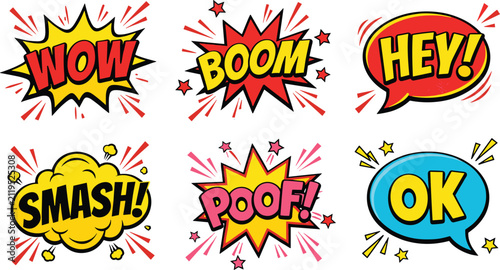 Comic book sound effect speech bubble sticker set with sound words vector pop art illustration