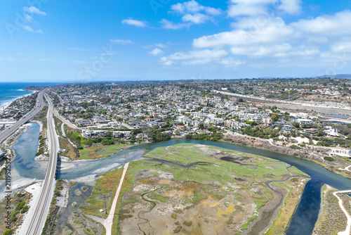 Картината върху платно Aerial view of Cardiff by the Sea, beach community in the incorporated city of Encinitas in San Diego County, California, USA