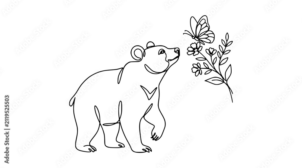 Naklejka premium One Line Drawing Bear Sniffing Butterfly on Flowers