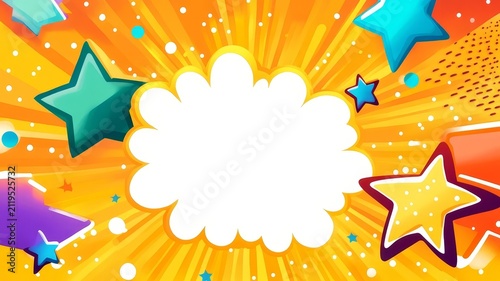 Vibrant comic book style background featuring colorful decorative stars and a large central speech bubble shape