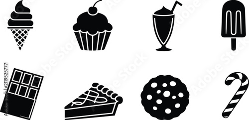 Set of black silhouette dessert icons, featuring sweet treats, confectionery, cakes, pastries, donuts, cupcakes, and bakery favorites with clean minimalist vector graphics for menus, cafés, food brand