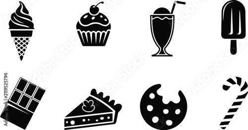 Set of black silhouette dessert icons, featuring sweet treats, confectionery, cakes, pastries, donuts, cupcakes, and bakery favorites with clean minimalist vector graphics for menus, cafés, food brand