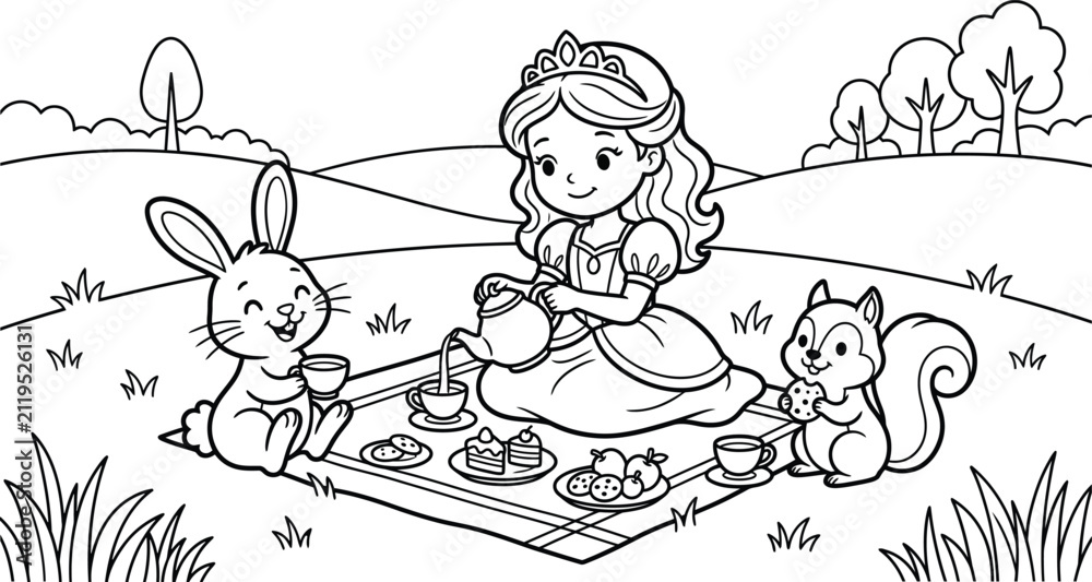 Obraz premium Princess having a tea party picnic with a bunny and squirrel coloring page. Cute black and white outline fantasy illustration for kids coloring book, activity page and printable worksheet.