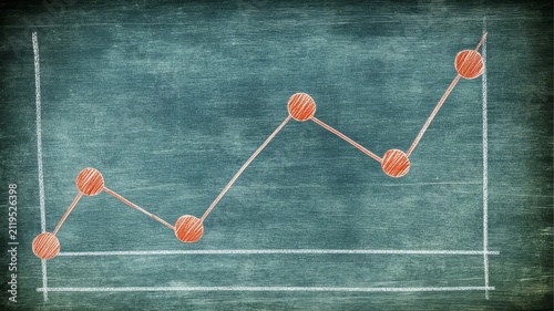 A hand drawn upward trending financial graph on dark green chalkboard background with white chalk markings representing growth data