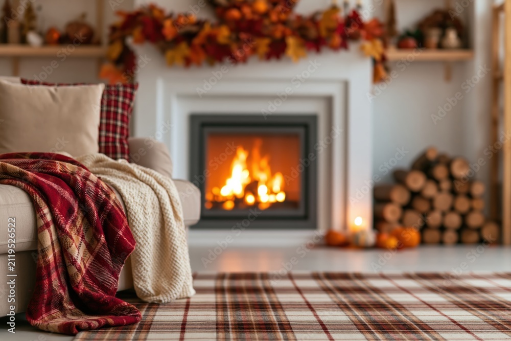 Obraz premium Autumn interior with a cozy fireplace and warm blankets in a comfortable home room