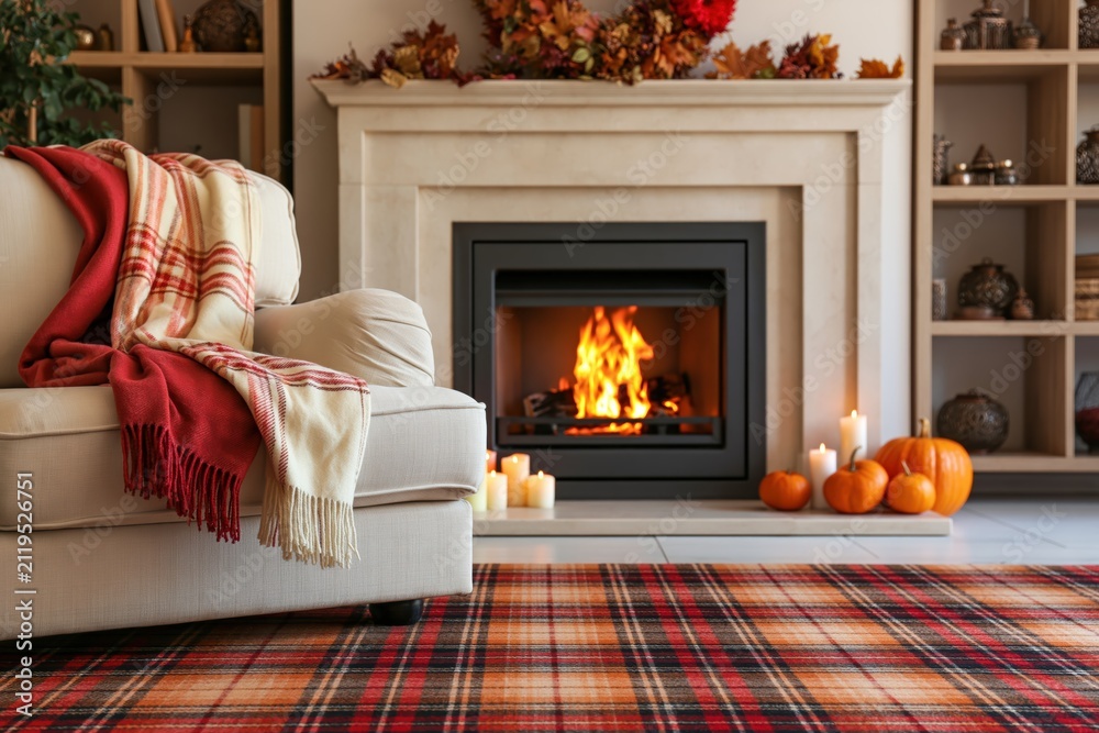Obraz premium Autumn living room interior with a cozy fireplace and fall decor featuring pumpkins