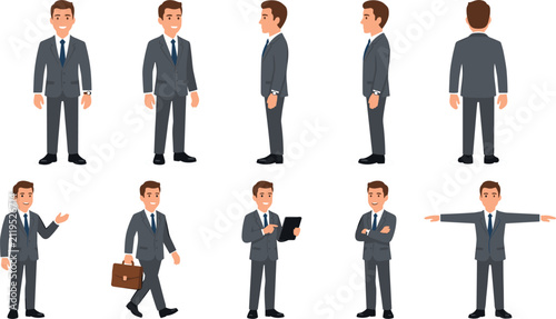 Photography Businessman character model sheet showing front profile back turnaround views an
