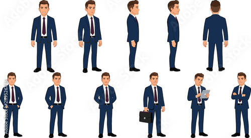 Fotografie Businessman character model sheet showing front side back turnaround views and d