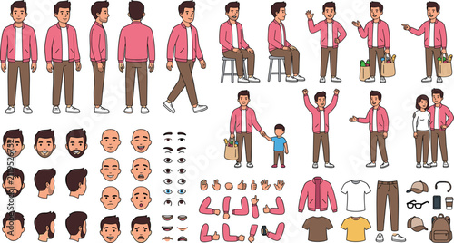 Obraz na płótnie Man character animation creation kit with turnaround poses facial expressions he