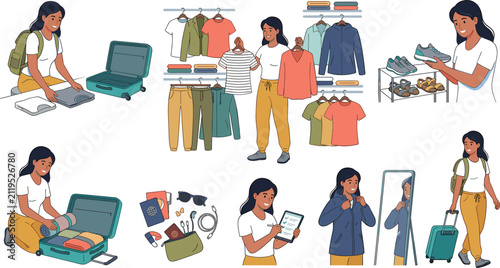 Young woman packing luggage suitcase choosing clothes shopping for shoes checking checklist digital tablet and traveling isolated on white background vector