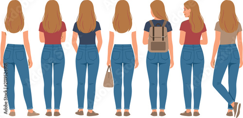 Young woman character set from back view wearing blue jeans t-shirts carrying backpack and handbag isolated on plain white background vector